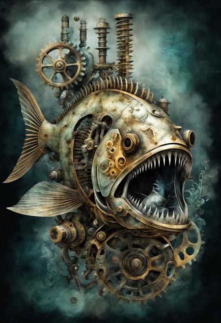 one predatory mechanical steam (fish:1.2) consisting of gears and springs, sharp teeth, complex mechanism, grunge, watercolor, patina, ink, grotesque, glass, smoke and fog, dark fantasy botanic, fantasy art, highly detailed digital painting, triple exposure, intrinsic details, bright colors