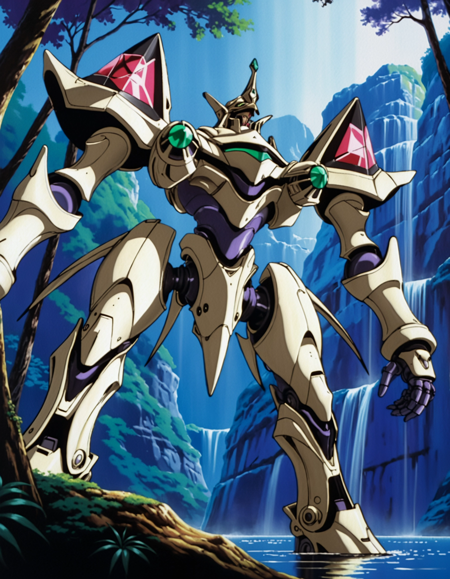 escaflowne, giant mech robot, water lake, jungle, sunlit, weak lights and shadows