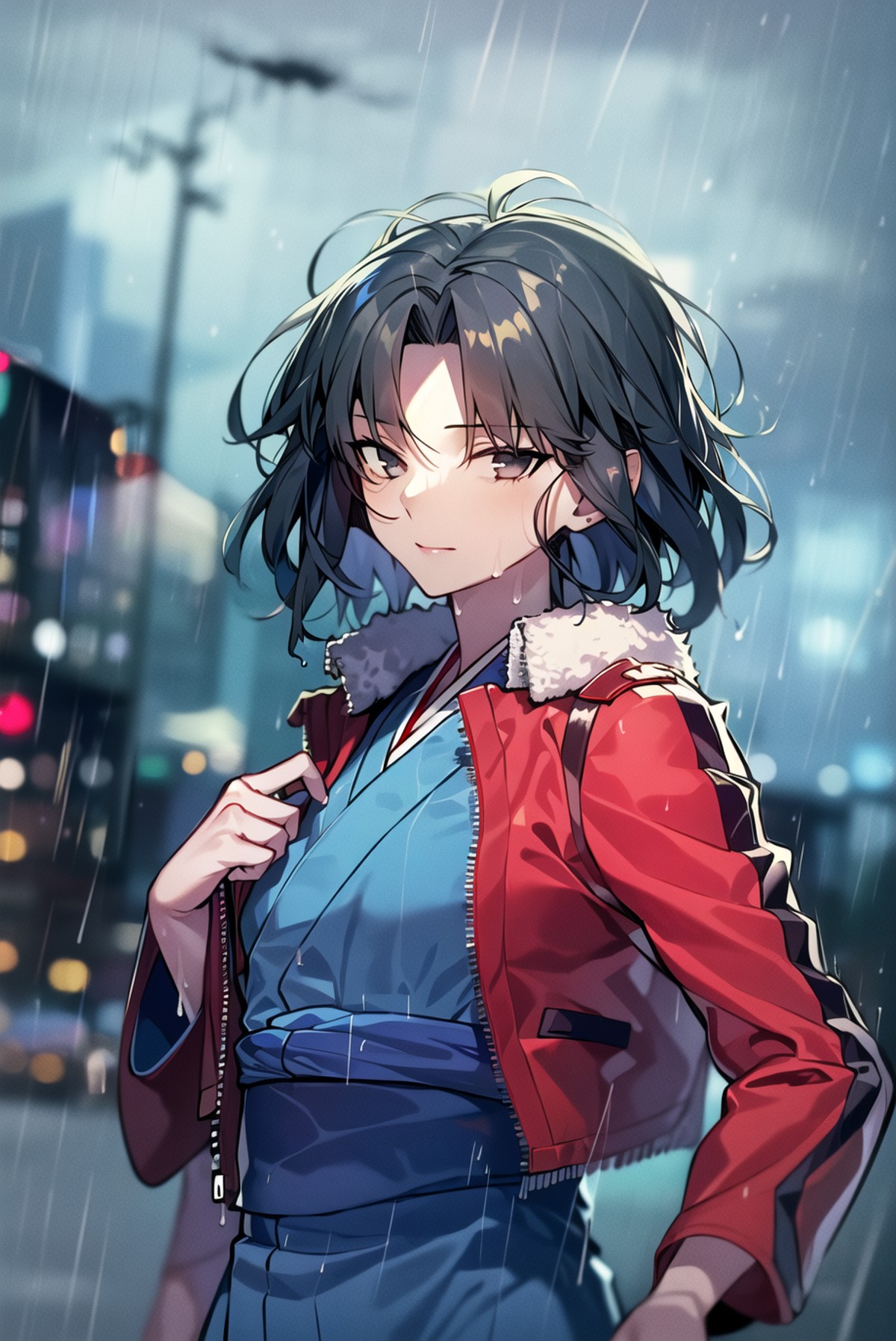 ((masterpiece,best quality, detailed)), 1girl, solo, outdoors, night, night sky, ryougi shiki, red jacket, obi, blue kimon...