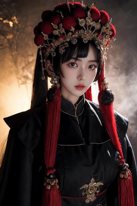 (masterpiece:1.4, best quality),(intricate details),unity 8k wallpaper,frightened,horror,evil spirits,sinophobia,ultra detailed,cool tone,night,1girl,solo,<lora:add_detail:0.65>,<lora:中国戏曲：CNoperaCostume,CNoperaFlag,CNoperaHeaddress,:0.6>,CNoperaCostume,<lora:中式恐怖提示词：horror,dark theme,monster boy,monster girl,sytx,yinjian:0.6>,sytx,yinjian,the pale face,expressionless,blank stare,large breasts,upper body,face close-up,, masterpiece, best quality,