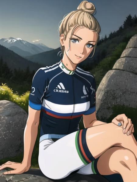 <lora:pauline_ferrand_prevot:0.9>,pauline_ferrand_prevot,portrait of pauline_ferrand_prevot, cycling clothes, world champion jersey,  (upper body), road bike, forest, mountains, night,  sitting on a rock, crossed legs, hair bun <lora:more_details:0.1>