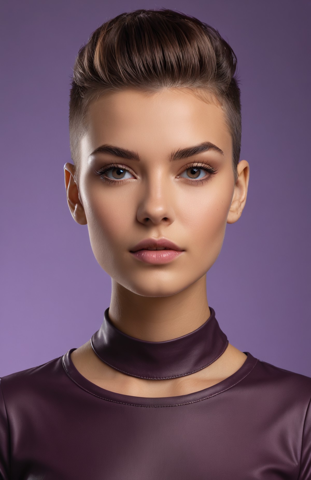 a woman, she is from Hungary, 18 years old, mohawk, shows interest, makeup, wearing Mahogany brown T-shirt with neck pleat...