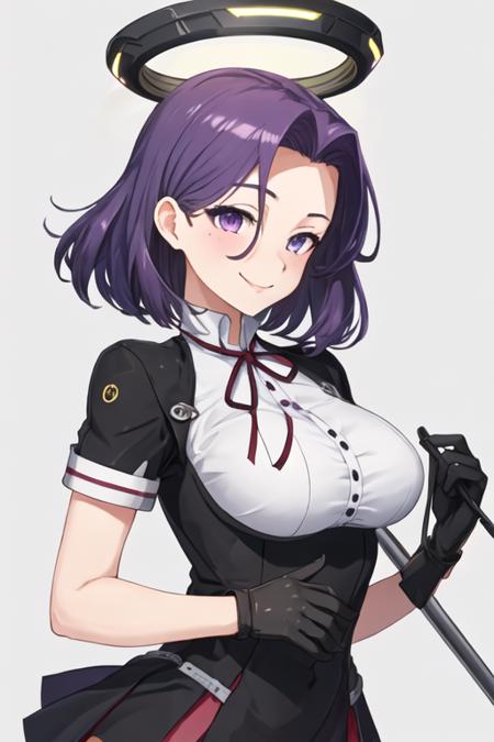 best quality, masterpiece, highres, solo, {tatsuta_kantaicollection:1.15}, purple_hair, purple_eyes, short_hair, mechanical_halo, halo, smile, breasts, large_breasts, 1girl, looking_at_viewer, mole, mole_under_eye, upper_body, black_gloves, blush, gloves, simple_background, white_background, hair_intakes, ribbon