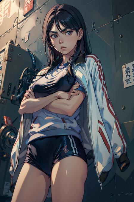 (masterpiece, best quality:1.2), <lora:certainmagicalindex_fukiyose-10:1>, cowboy shot, solo, 1girl, fukiyose seiri, expressionless, closed mouth, looking at viewer, crossed arms, jacket on shoulders, gym uniform