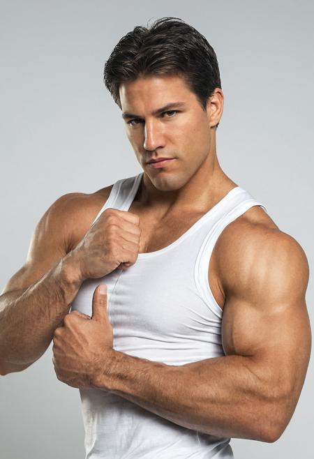 <lora:mike_branson_sdxl_v1-000010:1>  mikeperson, wearing a form-fitting white tank top, flexing bicep against a clean white background, biceps, sharp facial detail, soft gradient lighting, fashion photography aesthetic, photorealistic, high-resolution