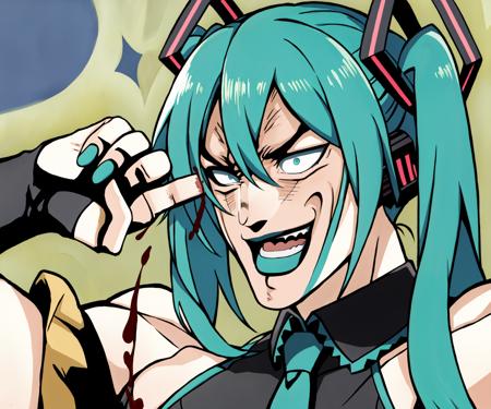 sgnjd\(a\), 1girl,Hatsune Miku,araki hirohiko (style), open mouth, smile,blood