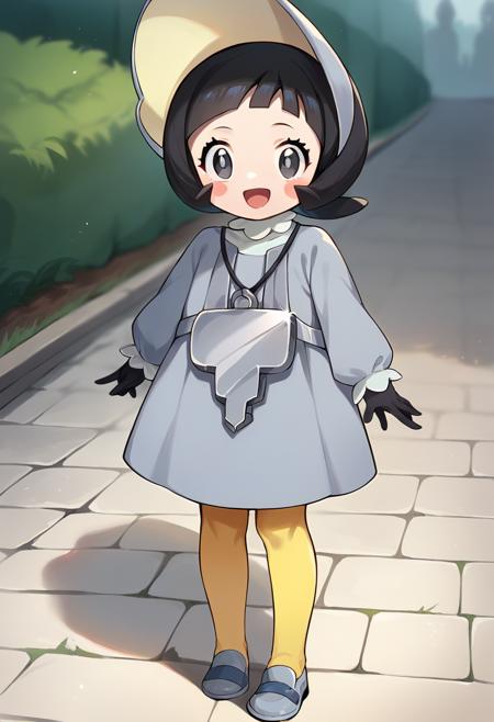  ctianpoppy, grey eyes, blush stickers, grey dress, long sleeves, bonnet, yellow pantyhose, necklace, black gloves,