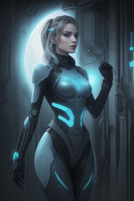 image of a woman she is a goddess, dressed in futuristic military gear. overall dystopian cosmic look. She has blue eyes.