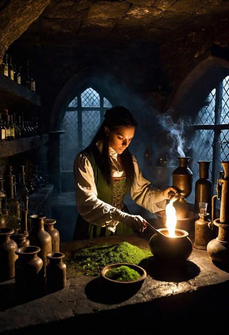 Generate an image of a concentrated female alchemist mixing a potion in his gloomy and mysterious laboratory in a dungeon. The laboratory is lit only by a dim candlelight source and contains narrow, glowing vials in various shapes, herbal ingredients, a bowl and a pestle. The walls of the dungeon are overgrown with moss and covered in cobwebs. Create a mysterious aura around the alchemist.