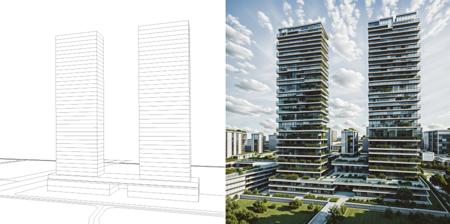 hrise, two highrise aparment buildings, architectural photography, highrise condominium, Kengo Kuma,