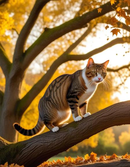 , highly detailed, photo of a Cat poised gracefully atop an ancient oak tree, autumn leaves fluttering around, golden hour casting long shadows, backlit, sharp focus on feline, bokeh effect on background foliage, cinematic film still, <lora:!SDXL\sdxl_hyper_sd_8steps_lora:0.80>