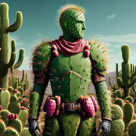 1man, cactus armour, cactus sword, nature background <lora:Prickly Pear Style v1:1>, Prickly Pear Style,