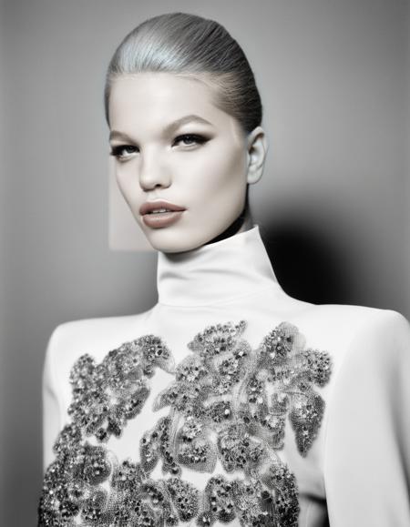 Belgium, <lora:DaphneGroeneveld:1> Daphne Groeneveld, a dutch model, posing for a portrait photo, high-necked clothing, professional lighting, year 1900 styling, professionally color graded Kodak Tri-X Black and white film, tack sharp, fashion shoot, tack sharp