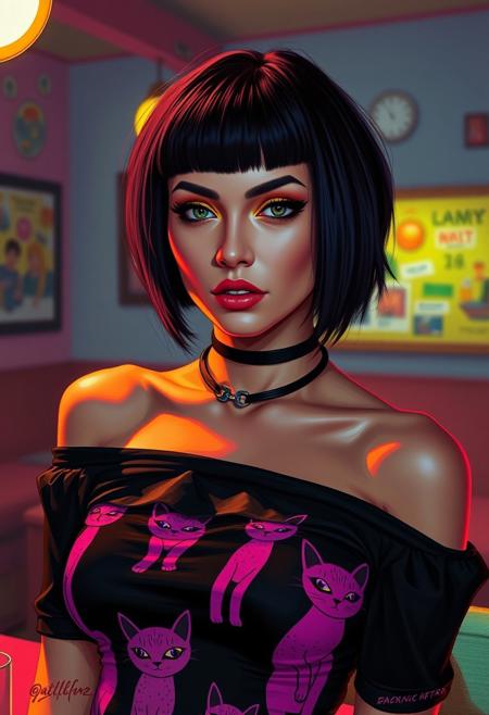 A rebellious model with sharp features adorned with gold make-up and black eyeliner with lavander bob cut. A black off-shoulder top with a pink cats print pattern and choker. She posing in a vibrant, vivid color palette setting with ambient lighting, her expression calm and composed. The scene is painted in Patrick Nagel's painting style, with rich, smooth brushstrokes and a soft, warm color grading. The lighting is soft and diffused, creating a gentle glow around her. ArcaneFGTNR, Niji Stan Katayama Style, cyb3rp0p