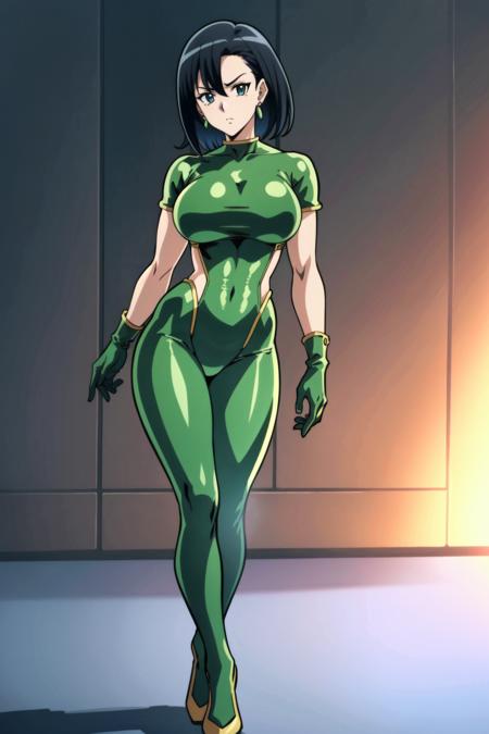 <lora:OGT_B_Orchid-v2:0.7> B Orchid, 1girl, solo, black hair, green bodysuit, earrings, gloves, bodysuit, jewelry, standing, mature woman, (shonen anime style, masterpiece, Best Quality, Extremely Detailed, Ultra Quality, 4k)