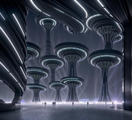 "A colossal futuristic research facility rising from a crystalline desert under a twilight sky, designed with intricate sci-fi architecture featuring illuminated corridors, layered metallic towers, holographic energy fields, massive observation windows, and bioengineered gardens integrated into the structure. The scene is alive with faint mist, scattered light reflections, and dynamic shadows. Emphasize hyper-realistic textures: brushed steel, frosted glass, organic flora merging with machine elements, all lit by surreal ambient lighting. Cinematic perspective, ultra-detailed environment, extreme realism, majestic atmosphere, immersive depth."