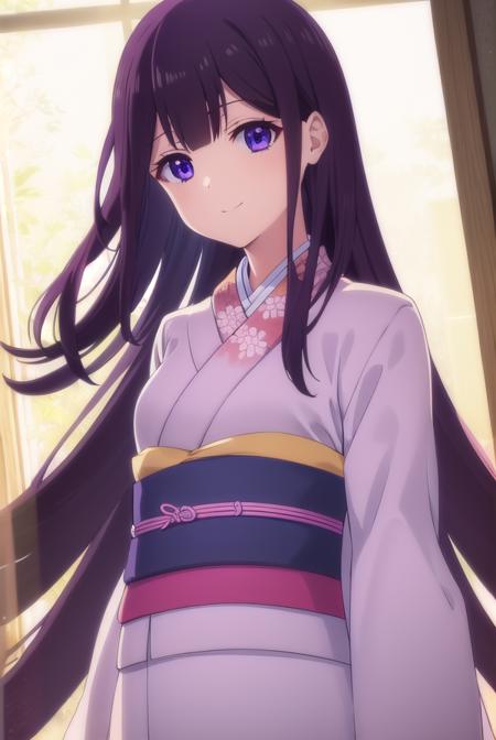 aika sakuranomiya, long hair, bangs, purple hair, (purple eyes:1.1), blunt bangs, japanese clothes, kimono, sash, obi, red kimono,