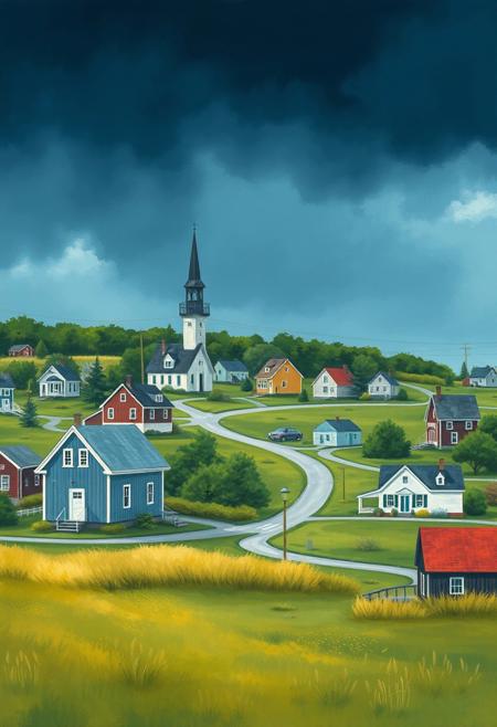 a simple uncluttered stylish cozy small-town village. It should be scenic and picturesque. Include elements such as a quaint little village, green farmland, deep blue cloudy sky, vibrant, cute, stormy, surreal, flat, acrylic, concept art, oil painting, watercolor