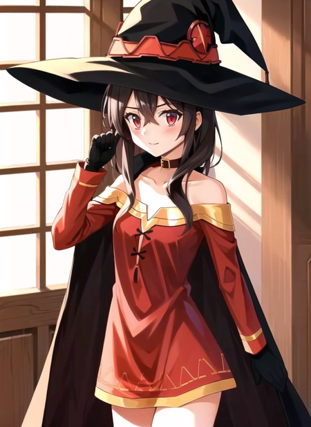 akamatsu ken <lora:akamatsu_ken_offset:1>,   megumin, 1girl, bare shoulders, black cape, black gloves, black hair, blush, cape, choker, collarbone, dress, hair between eyes, hat, long sleeves, looking at viewer, medium hair, off-shoulder dress, off shoulder, red dress, red eyes, sidelocks, solo, witch hat, indoors, (masterpiece)