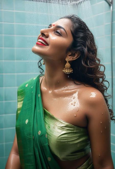 high angle full body photo, realistic, ((realistic skin tones, film grain, intricate details, naturalism, hyperdetailed, hyperrealistic)) cute Indian girl, 25 years old, wet long curly long hair, Indian gold jewel, dusky white skin, sweat, wet hair, wet body, wearing green only wet saree, hands on face, side view, full body view, very sweaty body, side view, full body view, slim body but big boobs, thin body, showing very busty boobs cleavage, visible breast, side view, having her shower with Indian boyfriend, night time, dimple smile, wet red lipstick, brown eyes, kajal mascara, dimple, smile, 8 k, sharp focus, art by irakli nadar . 35mm photograph, film, bokeh, professional, 4k, highly detailed