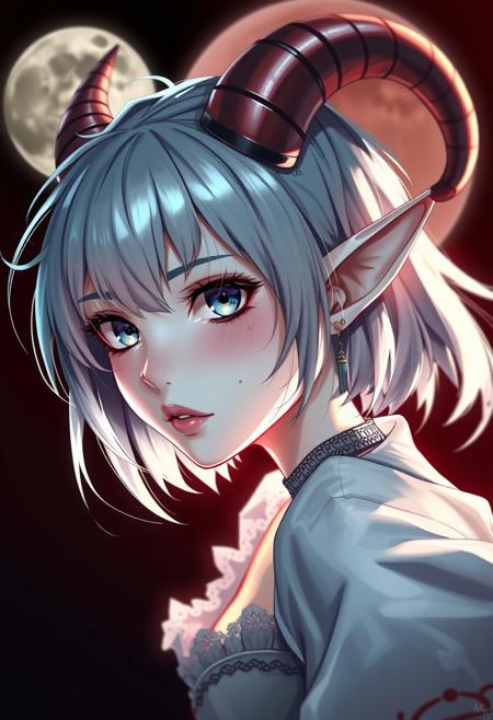 dynamic angle, dynamic view,portrait,
1girl, oni girl, elf ears, white skin, shiny skin, oni horn,h0rns,buzz cut, medium hair, messy hair, multiple earrings, face scar, shy nerd, freckles, detailed eyes, deep blue eyes, innocent pure face, medium breast, lace chocked, white blouse, blood moon back lighting, lewd eye contact,