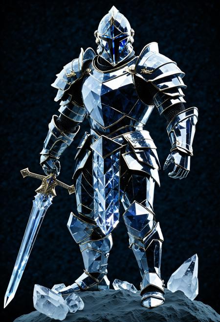 <cs-cr1stal-v2:1.5>, <novuschroma54 style:0.15>, a highly detailed model of (crystal knight in armor
) made entirely of ((raw natural formation) of translucent (crystals:1.15)), high contrast, vivid colours, (path traced lighting), (dappled_lighting:1.3), lighting from above, celestial bodies, (crystal clear), simple background, dark background, jagged edges,
