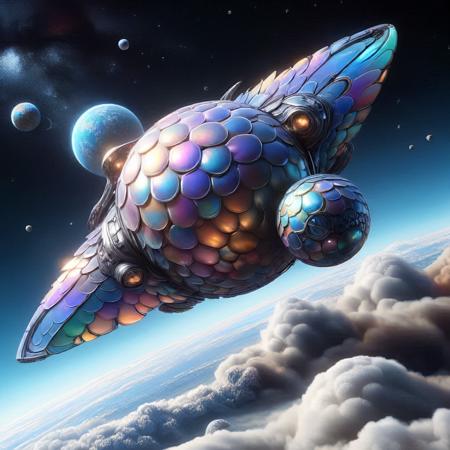 <lora:PinkieIriSclsSDXL:1>, p1nk1r1sc4l3s,  A huge futuristic sci-fi spacecraft made of iridescent scales, in orbit around an exotic planet