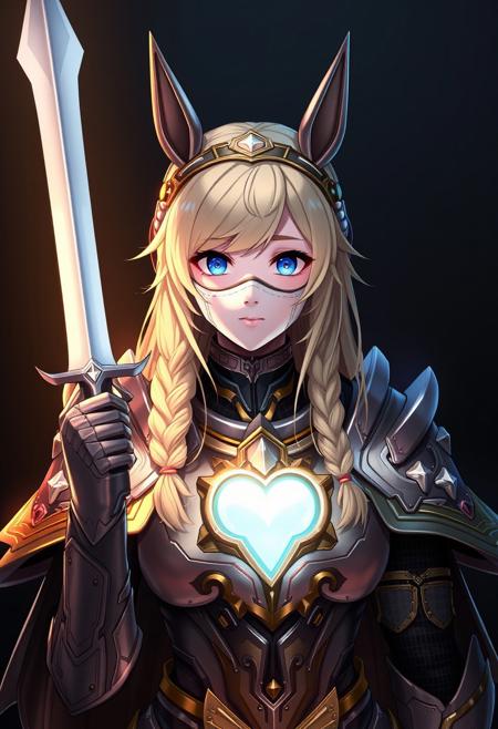 masterpiece, best quality, amazing quality, (realistic:1.3),
1girl, blonde hair, crown braid, (horns:1.4),
armor, pauldrons, (gauntlets:1.1), gold trim,
glowing heart,
faceless mask, white mask,
(looking at viewer:1.2), blue eyes, expressionless,
WCG-Illu,
dark background, sidelighting, atmospheric perspective, dim lighting, underlighting
<lora:Knight_Armor_for_Pony_V2:0.85>
<lora:Exp._Warframe_CGI_Illu_Edition:0.35>
<lora:Dark (Illustrious) v1:1>