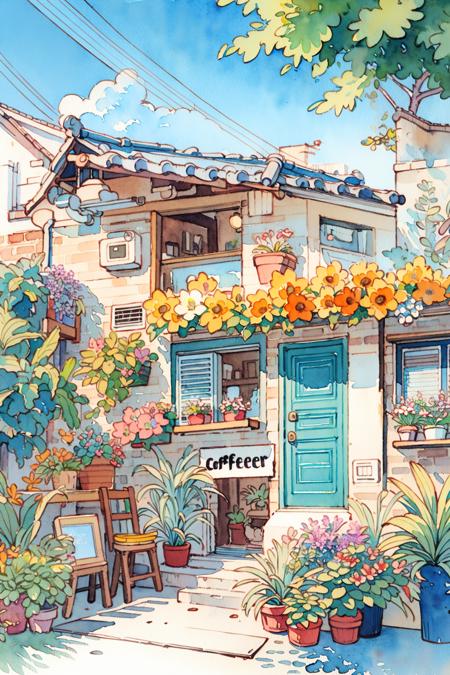 Flower store, coffee spot, tables, chairs, no one, windows, flowers, plants, potted plants, watercolor (medium), landscapes, doors, air conditioning, paintings (medium), traditional media, houses, outdoors, balconies, architecture,  <lora:Pastel color:0.85>