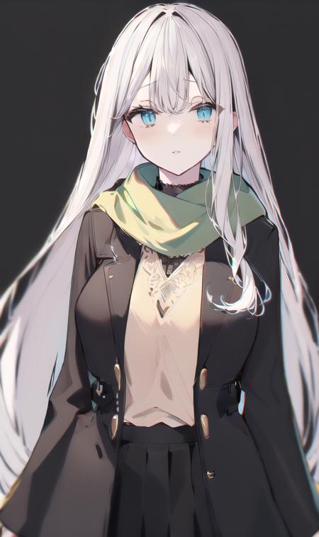 finely detail, Depth of field,best quality, illustration,highres,intricate detail, an extremely delicate and beautiful,
1girl,solo,
,long hair, white hair,disheveled hair,blue eyes, breasts,
(black jacket:1.05),open jacket,
black sleeves,shirt, (yellow shirt:1.2),black skirt,
green scarf,
 <lora:touhouIdeal_Realm_nameless_koishi-_ä¸»è§æ_ä¸æ¹çæ³ä¹¡:1.1>