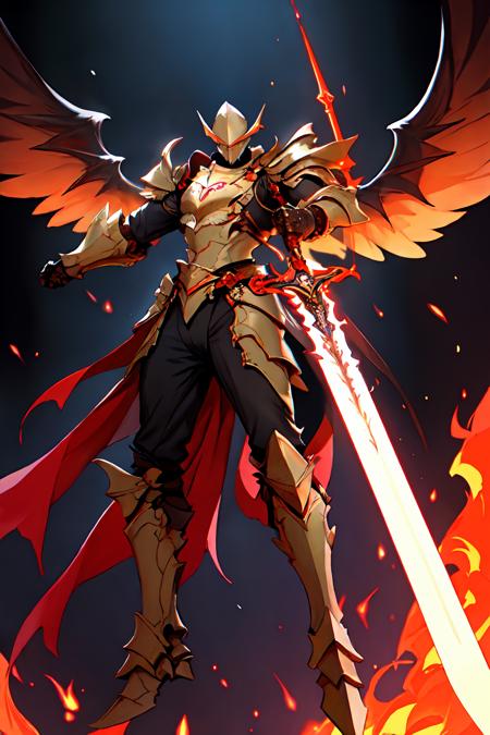 Best quality,masterpiece,ultra high res,(in the dark, deep shadow, low key),(night:1.4),fix,<lyco:Glowing_style_lycoris_1.4:1.0>, Glowing style, orange glowing weapon, orange glowing sword, weapon, sword, warrior, solo, armor, wings, holding, holding weapon, holding sword, helmet, fire, gauntlets, flaming weapon, shoulder armor, full armor, flaming sword, feathered wings, 1boy, breastplate, glowing, pauldrons, male focus, embers, greaves, spread wings