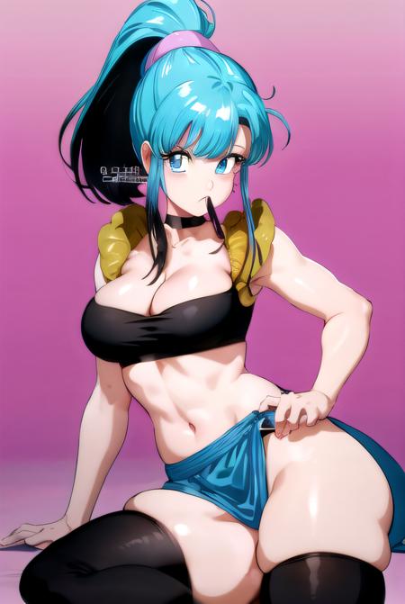 best quality, (masterpiece),(ultra-detailed), (high quality), (high resolution),  <lora:bulchi:0.7>, two-tone hair, aqua hair, blue eyes, black hair, ponytail, crop top, navel,1girl, bangs, bent over, black thighhighs, blue hair, breast press, breasts, bulchi, choker, cleavage, closed mouth, day, gradient, large breasts, looking at viewer, medium breasts, midriff, mouth hold, pink background, ponytail, retro artstyle, simple background, sitting, solo, thighhighs, two-tone hair, vest, white background