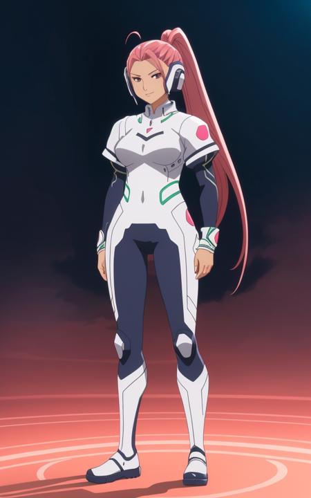 valrie, full body view, smiling, a woman with (((a dark tanned skin))) and (((a pink high ponytail hair))), (((a lock of hair that hangs over the left side of her face))), hazel eyes, in a white armored dark blue bodysuit, (((seam line on her face that goes through her right eye))), 8k, Unreal Engine 5, octane render, by kyun, gamang, Yoon Gon-Ji, g.ho, gosonjak, shuroop, serious, domi, noah, trending on pixiv, fanbox, skeb, masterpiece, smooth soft skin, big dreamy eyes, beautiful intricate colored hair, symmetrical, anime wide eyes, soft lighting, concept art, digital painting, <lora:valrie:0.4>