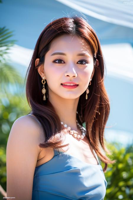 (8k, best quality, masterpiece:1.2), (realistic, photo-realistic:1.37), ultra-detailed, beautiful detailed sky, ((smiling)), small breasts, beautiful detailed eyes, tzuyu, chewy, 1girl, upper body, portrait,  jewelry, earrings, dress, brown hair, flower, hair ornament, hair with a small red flower, necklace, solo, alcohol free  <lora:xelor_TwiceTzuyu_v2.5:1>