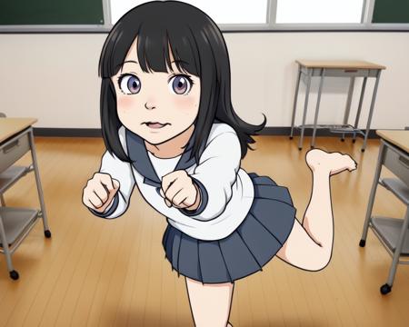 standing on one leg, (arms forward:1.1), running, serafuku, robinish_pose, <lora:robinish_pose:0.7>, |_|,  super_deformed, (superman:0.4), detailed_face, (chibi:0.5), indoors, classroom, black_hair