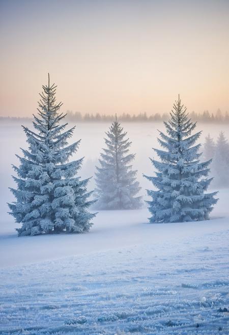 winter landscape with christmas trees frost covered with fog and snow, in the style of zeiss batis 18mm f/2.8, franz sedlacek, tomek setowski