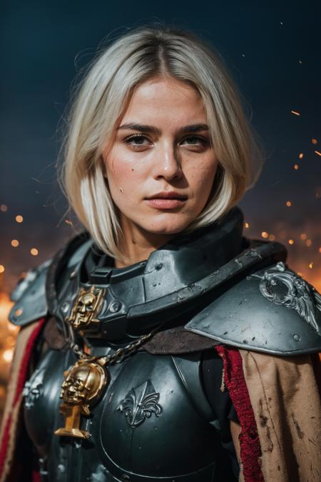 (masterpiece, best quality:1.1), photograph, Porta 160 color, shot on ARRI ALEXA 65, bokeh, depth of field, shot by Don McCullin, (blemishes, skin pores, textured skin:1.1), sharp focus, vibrant colors, PA7_Photo, PA7_Human-Likeness, volumetric lighting, <lora:detail_slider_v4:1>, <lora:FujiVelvia50:0.5>, <lora:GoodHands-beta2:0.8>,
solo, 1 girl, adult  woman,  green eyes, (white hair:1.25), updo hairstyle hair,  grim determination,  <lora:edgWar40KAdeptaSororitas:0.85>, edgAdepta, wearing edgAdepta, power armor, shoulder armor, skull emblem, dented armor, battle-worn,  billowing cape,
(epic, cinematic:1.1), grim dark, battlefield in background, impact crater, flames, , ashes, ,   particle effects, (wind blowing:1.1), darkness, night, storm in background, (lightning:1.1),  <lora:epi_noiseoffset2:0.6>,