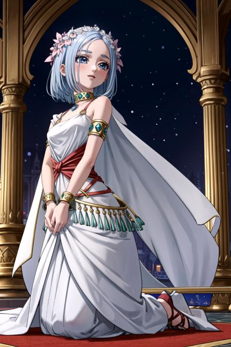 DQ10 illutia, short hair, grey hair, blue eyes, (DQ10 shrine maiden:1.3), dress, greek clothes, head wreath, cape, bare shoulders, jewelry, choker, armlet, bracelet, toeless footwear, <lora:DQ10_illutia_ep20:0.6>, BREAK (small breasts), beautiful, masterpiece, 8K resolution, extremely detailed face, 1girl, Beautiful girl, adult girl, 20 years old, eye highlights, looking up, smile, parted lips, blush, BREAK (hands together:1.2), windy, wind lift, floating hair, BREAK anime background, Temples, stone pillars, divine atmosphere, delicate decorations, red carpets, delicate stained glass, and luxurious buildings, <lora:clear light_v1:1>, <lora:flat2-dim1:-0.5>