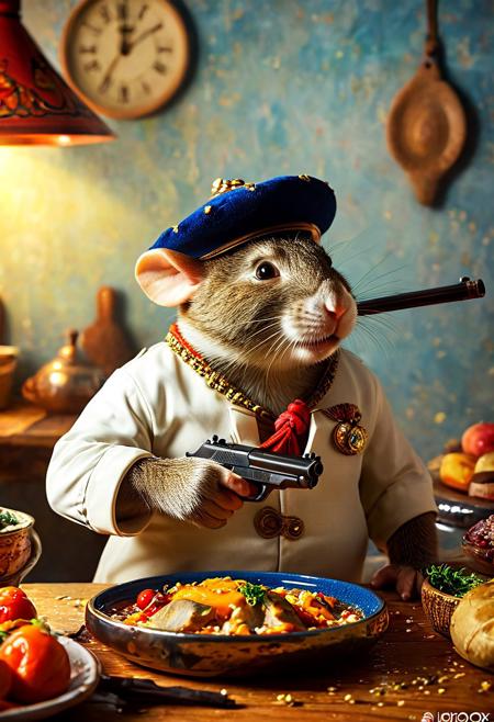 gourmet food photo of very cute (fat rat) in a French outfit, French shirt, French beret, holding a gun with his paw point at a man, 
kitchen, dinner, foods, table, chair, 
Appetizing, soft natural lighting, macro details, vibrant colors, fresh ingredients, glistening textures, bokeh background, styled plating, wooden tabletop, garnished, tantalizing, editorial quality,
Tagine, 
3d-rendering, concept-art, digital, dreaminess, futuristic, multimedia, sculpture, virtual-reality,
eeriness, fantasy, other-worldliness, science-fiction, surreal, colorful, sci-fi style, technological, alien worlds, space themes, advanced civilizations, 
best quality, masterpiece, aesthetic, highly detailed, absurdres, unreal engine, octane rendering, vivid, vibrant,