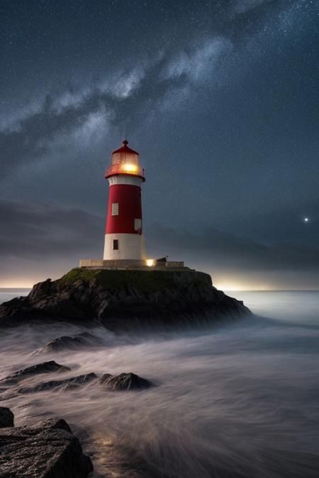 lighthouse near the sea , waves hitting rocks ,night, fog, dark atmosphere , high quality,  <lora:add_detail:1>