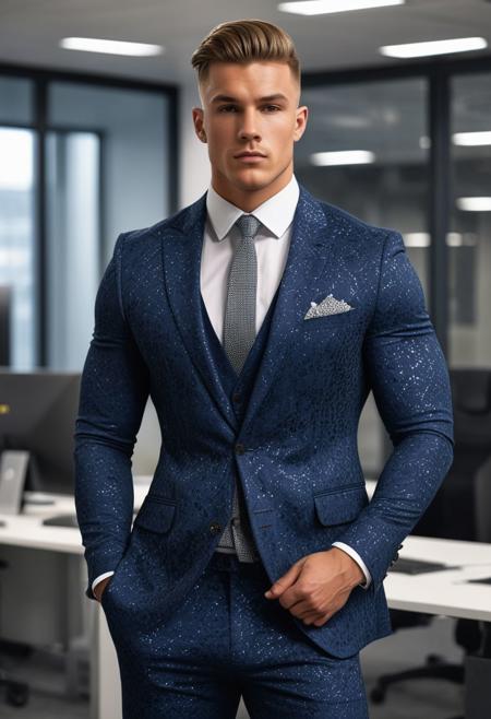 a strong 22-year-old british hunk bodybuilder male, with a fringe up undercut hairstyle, detailed face, mindless expression,  wearing a NAVY-BPLUE suit with silver patterns, wearing pants,  on a modern office, standing at attention pose, looking at viewer, portrait, photography, detailed skin, realistic, photo-realistic, 8k, highly detailed, full length frame, High detail RAW color art, diffused soft lighting, shallow depth of field, sharp focus, hyperrealism, cinematic lighting