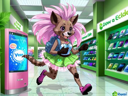 fursona, a fluffy brown in a tutu running around, (hyena:1.2) in a technology store selling phones. <lora:AeroXL-000300:0.6> dewlap a green globe with leaves and water drops on it, beautiful ui ui card clean kawaii floral wearing a backpack Christmas Green nature server room TECHNOLOGY with fish cute, very detailed wide shot  photo of penelope cruz date tall architecture Cotton Candy Pink  Agreeable Gray swirls reddish (escalator stairs of glass:1.2) a large fountain in the middle deep purple eyes