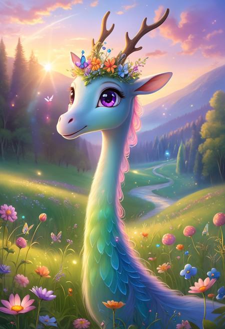 misunderstood cute creature with long neck, enchanted meadow, dawn, hopeful expression, pov,  vibrant colors, soft focus, fairytale, magical, intricate details, friendly creatures, glowing elements, dreamy, whimsical, inviting, ethereal, cinematic