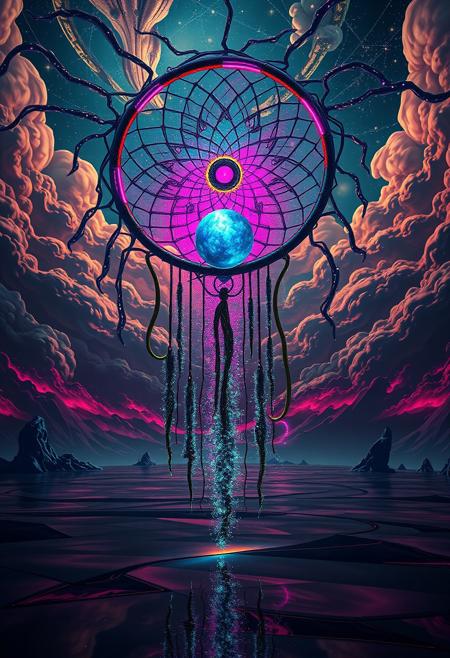 Imagine a massive, floating dreamcatcher in a fusion of Claudio Aboy’s vibrant, abstract style and H.R. Giger’s biomechanical intricacy. The dreamcatcher’s frame is composed of alien-like, metallic tendrils, intricately detailed with biomechanical textures, intertwining with luminous, iridescent threads in electric magentas, vivid turquoises, and eerie greens. At its core, a pulsating, opalescent sphere emits beams of shifting neon light, creating a surreal, high-contrast glow against the dark, shadowy environment. Below, an infinite expanse of glossy, reflective surfaces in shades of deep indigo and radiant pinks mirror the otherworldly spectacle above, with mechanical, bioluminescent forms subtly emerging from the liquid stardust. The sky is an alien landscape of twisted, metallic clouds in molten gold and dark teal, interspersed with surreal, glowing constellations and intricate, biomechanical structures. A stream of sparkling, luminescent particles cascades from the dreamcatcher, weaving through the scene like a glowing, otherworldly tapestry.