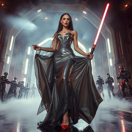 slender arrogant cold femme fatal russian princess wearing  rich  full skirt glossy silver foil  gown, small size opulent glossy red  high heels, ultrathin black transparent slime cloak, jewels, elegant small light saber in her right hand, lifting her skirts with left hand, posing standing, view from below,  evil grin, green eyes, lipstick, giant portal to outer space, fog from the floor, empire spaceship hangar, surrounded by halo odst troopers, TIE spaceships at the background, fashion look, hollywood, vogue makeup, porcelain skin, long haired, ultrathin waisym reminiscent of Lucas, Spielberg styles, with close-up glamour photography and dramatic lighting view from below,