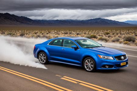((best quality)), ((masterpiece)), ((realistic)), (detailed),4K, absurdres, HDR, photography
electric blue Mercury Montego GT CoupÃ© driving on the highway throught the death valley desert, chrome, glossy chassis, dramatic scene, thunderstorm with lightnings at the horizon, dramatic angle, low angle, (focus car:1.2), (motion blur:1.1), wide angle, dust cloud behind the cas, car moving at high speed, car in the centerâââ