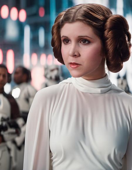 breathtaking closeup photo of young Princess Leia skswoman, 1girl, brown hair, white dress, blurry, lips, depth of field, blurry background (lonely:1.2) futuristic city lots of lights, portrait, realistic, nose, professional, 4k, highly detailed <lora:Princess Leia:0.8> . award-winning, professional, highly detailed