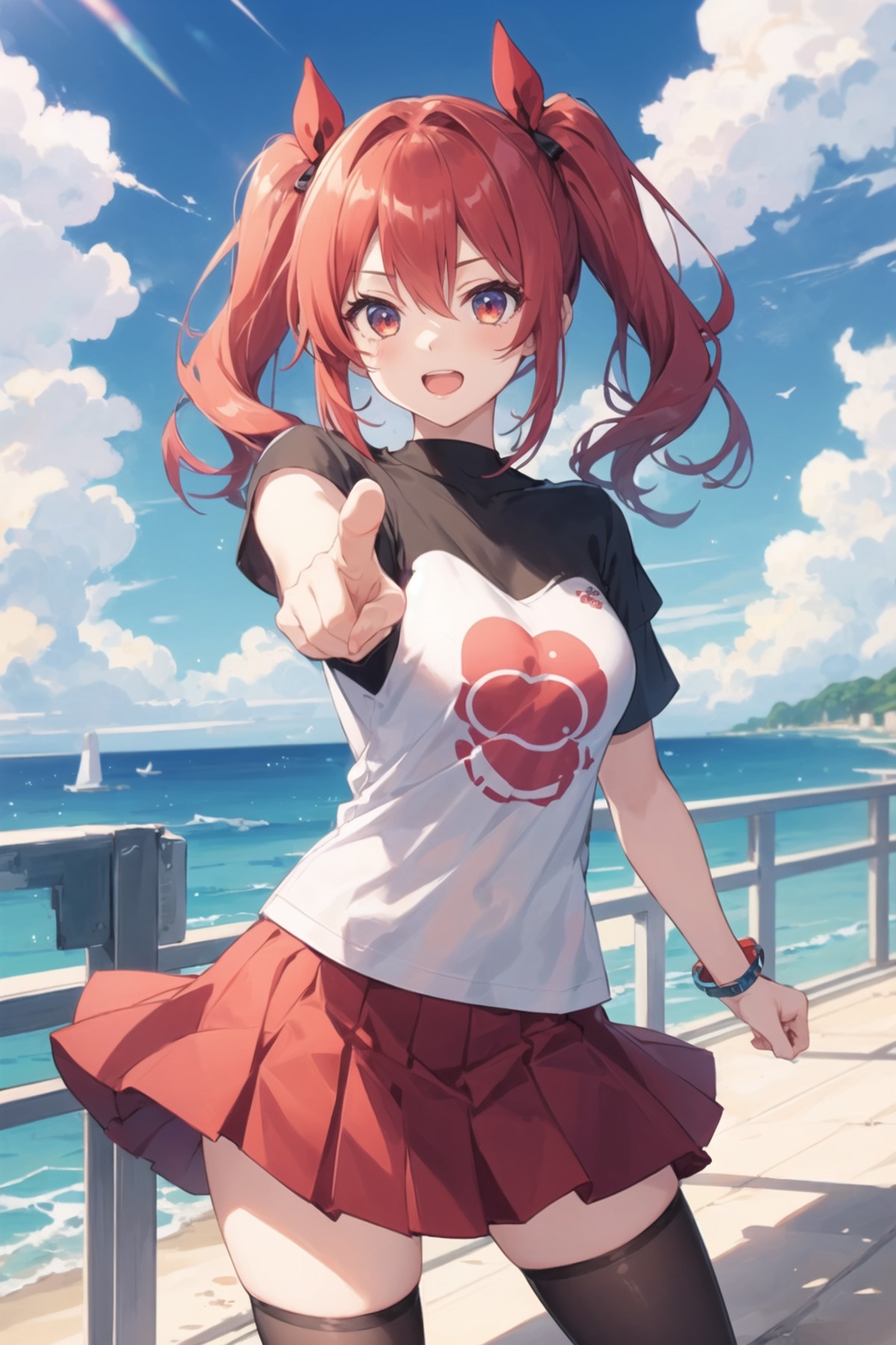 1girl, casual clothes, t-shirt, skirt, twintails, long hair, short sleeves, standing, pointing, outdoors