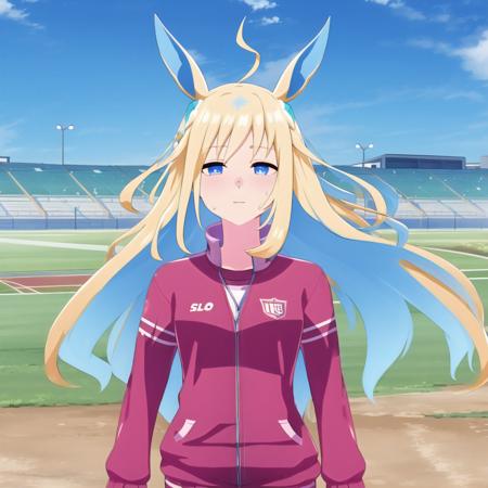 high quality, best quality, masterpiece, absurdres, neo universe, tracen_track_uniform, 1girl,  <lora:neo-000008:0.85>, solo, field, sweat