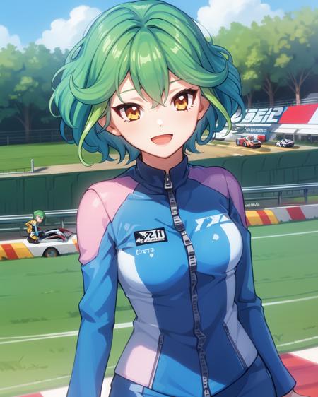 1girl, rin, green hair, short hair, yellow eyes, blue racing costume, zipper, 
outdoors, race track, :D

<lora:Rin v2 e6:0.7>